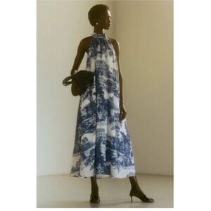 COS French Toile linen collection‎ halterneck maxi dress white and blue size 6